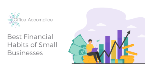 A cartoon illustration of an individual working on their computer with financial symbols in the background to include a bar graph and cash.